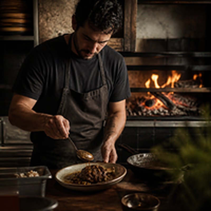 Cocinero emplatando junto al fuego en la cocina