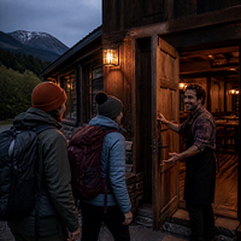Anfitrión abriendo la puerta de madera del restaurante a dos caminantes